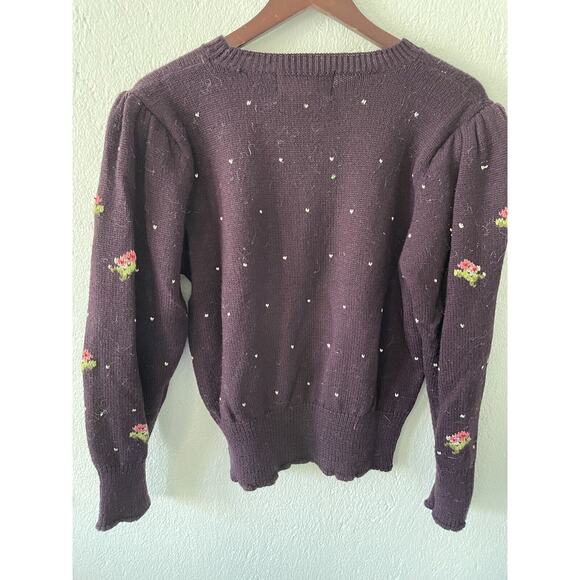 Vintage Herman Geist Hand Embroidered Wool Blend Floral Sweater Padded Size LG - Picture 7 of 10